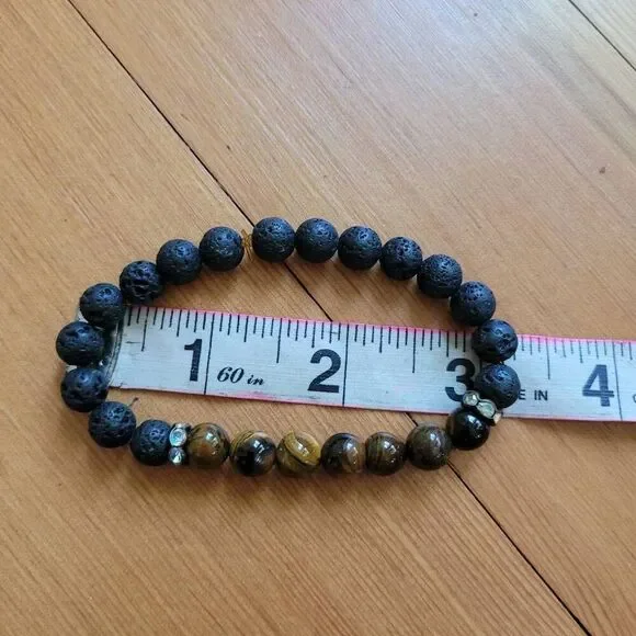 Set of 3 beaded bracelets faux crystal tiger's eye lava beads bohemian hippie - Picture 11 of 12